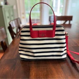 Kate Spade Black and White Striped Satchel with Red Accents